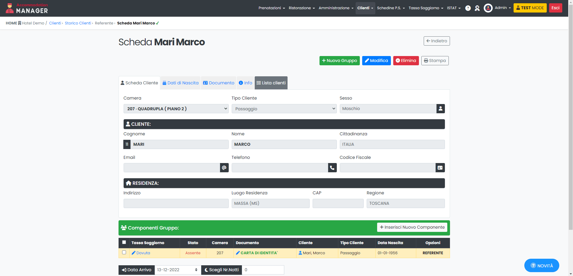 Storico clienti per la gestione dei check-in di clienti gi� clienti